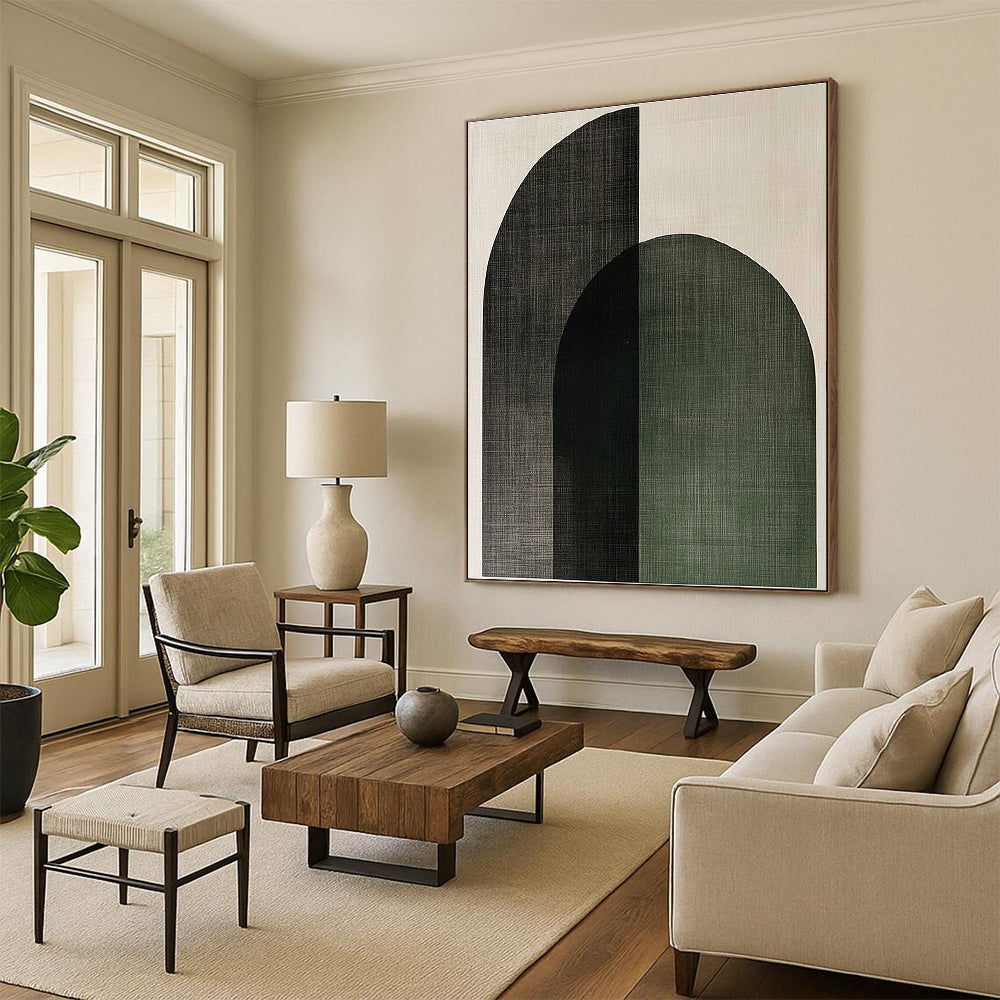 Large Abstract Artwork Featuring Sage Green and Charcoal Gray Arches on Light Beige Canvas Reflecting Scandinavian Minimalism.STSC1074