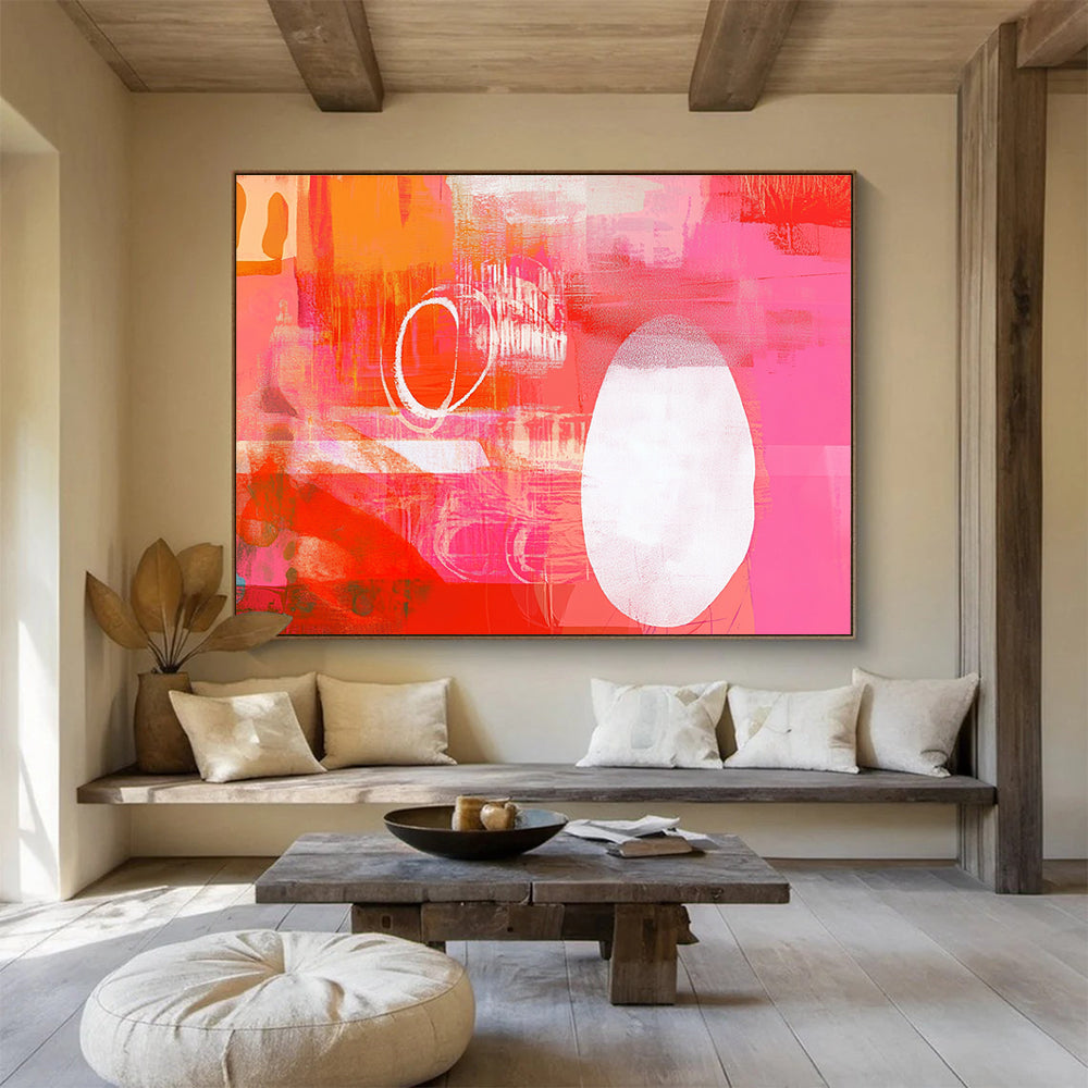 A large abstract artwork featuring a vibrant red and pink collage with energetic shapes and a striking white squiggle line, enhancing its lively composition.SC542