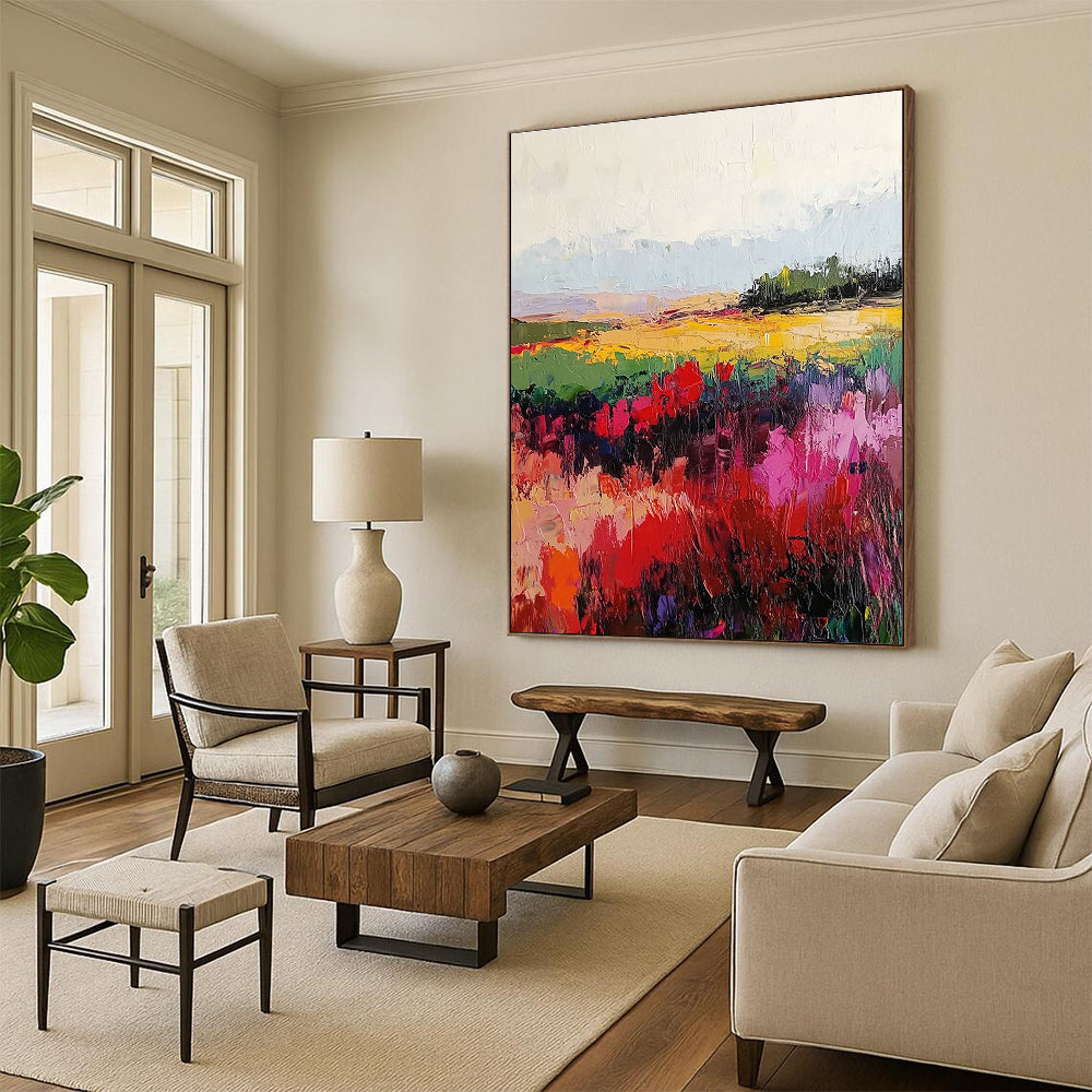 Large abstract painting with vibrant reds and greens, textured canvas and soft blurred edges, created using palette knife and broad brush strokes.STSC113
