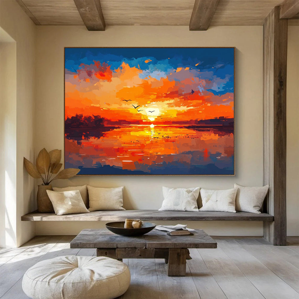 Large abstract painting featuring birds over water warm colors brush strokes reflections sunset sky tranquil atmosphereSC284