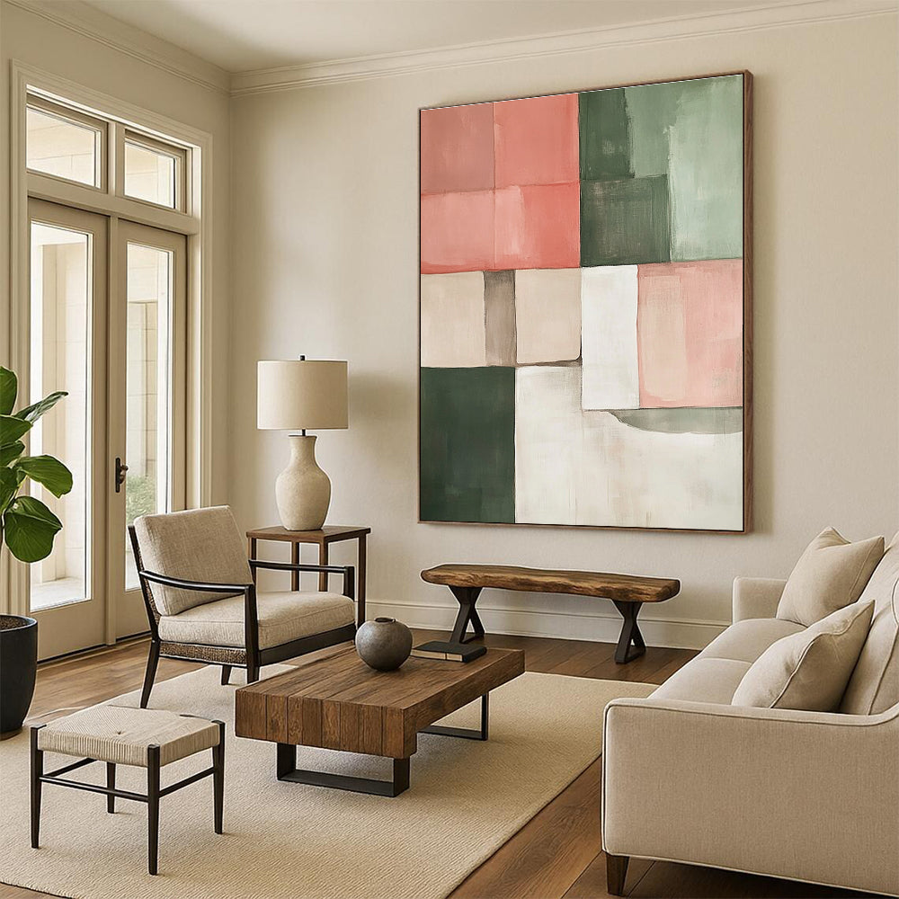Large abstract painting in earthy tones of pink green and beige featuring geometric shapes perfect for modern decor.STSC243