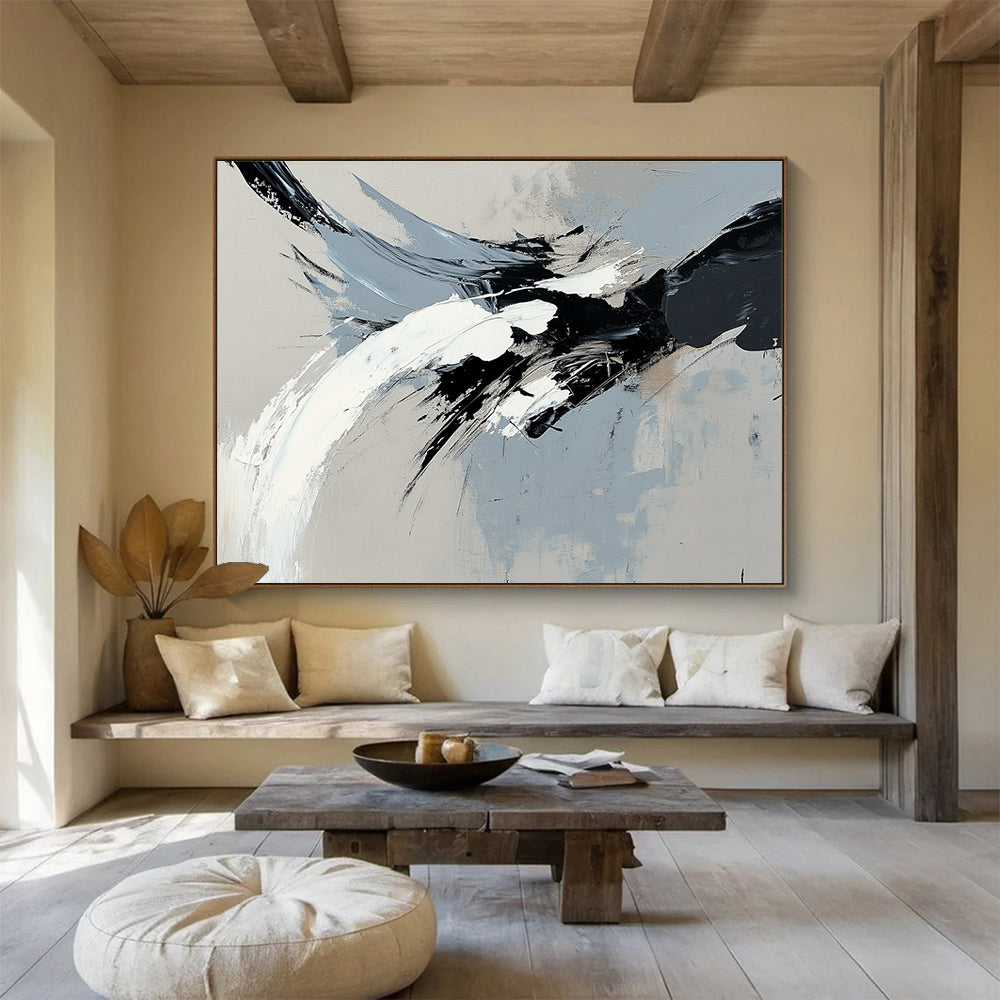 Black and White Abstract Painting with Dynamic Brushstrokes DYP387