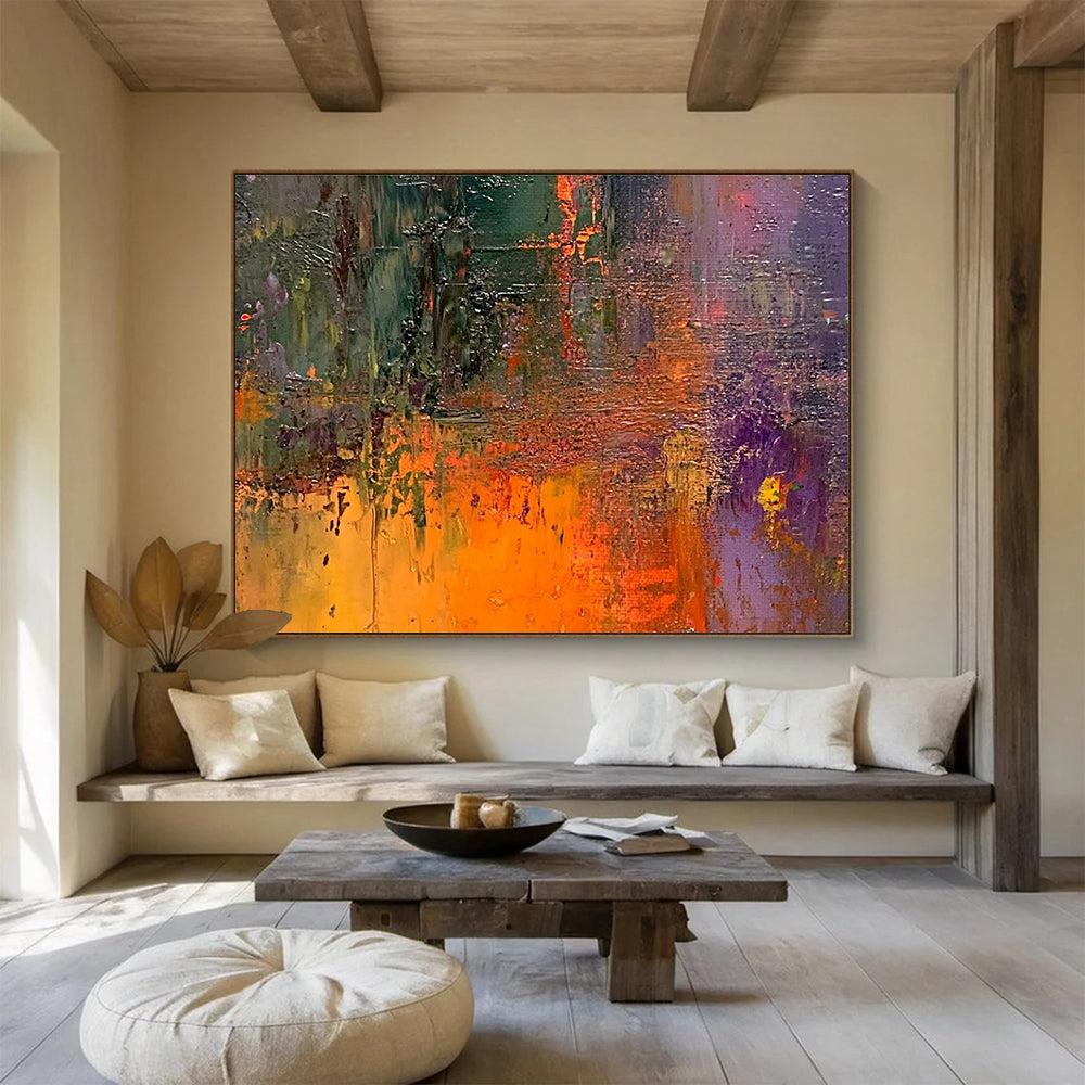 Vivid Textured Abstract Painting with Green Orange and Purple DYP516