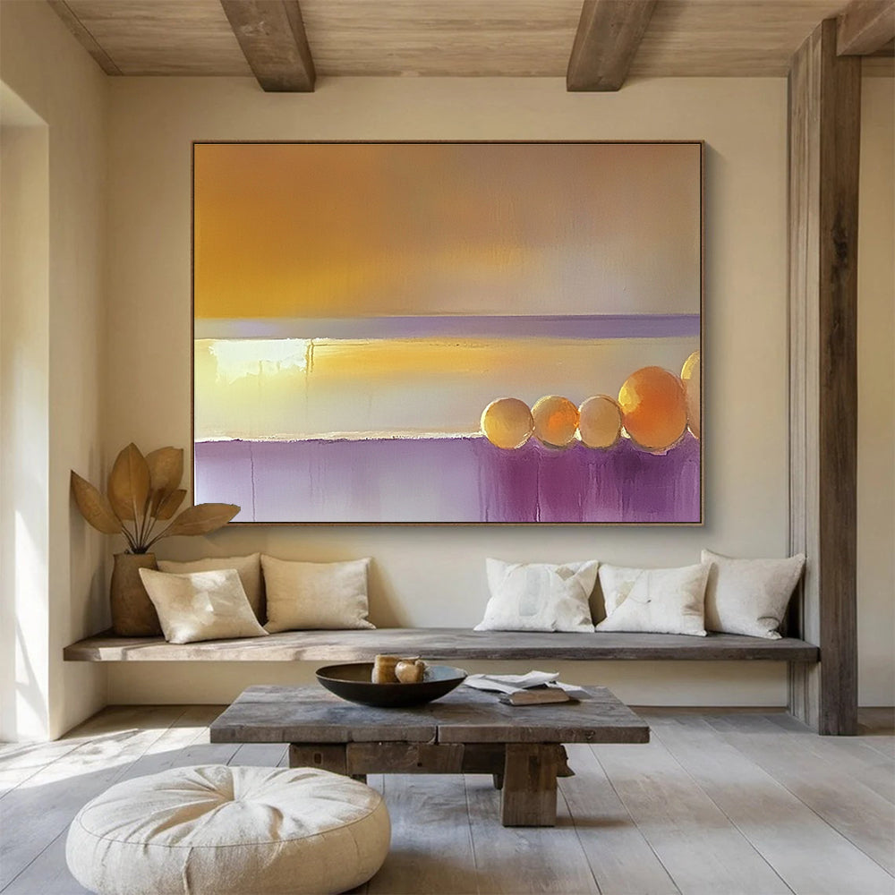 Large abstract painting of the sea featuring a muted horizon with warm yellow and orange light blending into beige and violet tones.SC202