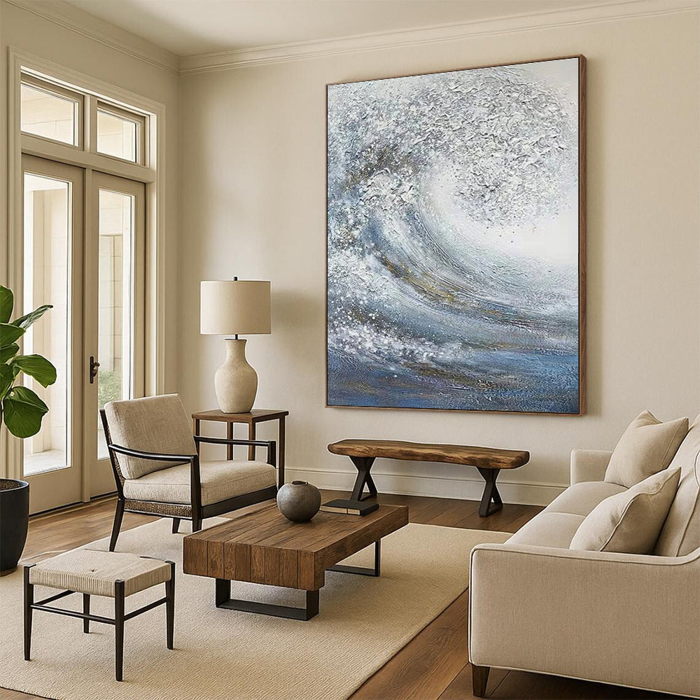 Silver and Blue Wave Abstract Painting with Sparkling Textures ADGE337