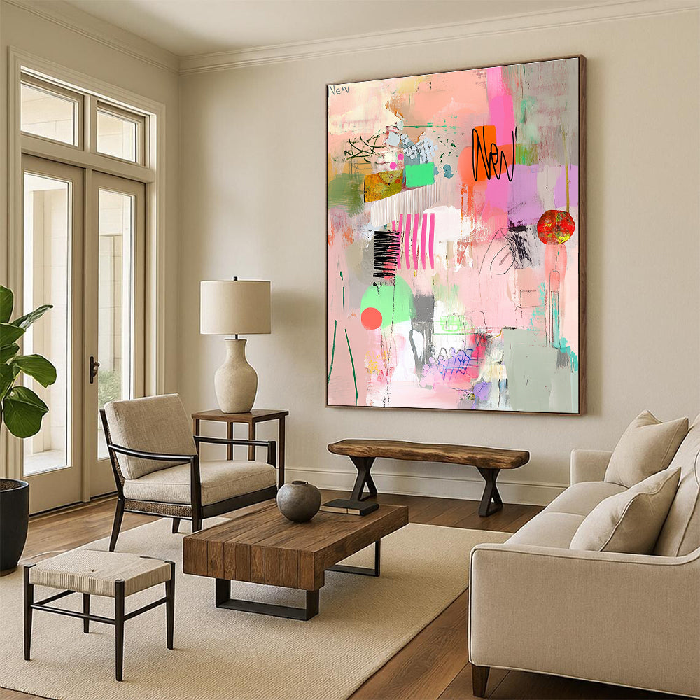 A large abstract painting featuring pink and green tones collage elements and visible brush strokes conveying a whimsical feminine sensibility.STSC649