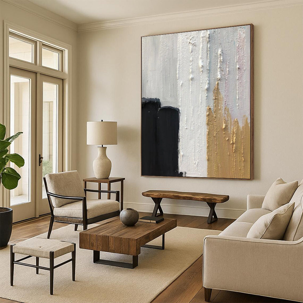Black, White, and Gold Textured Abstract Painting with Elegant Accents ADGE397