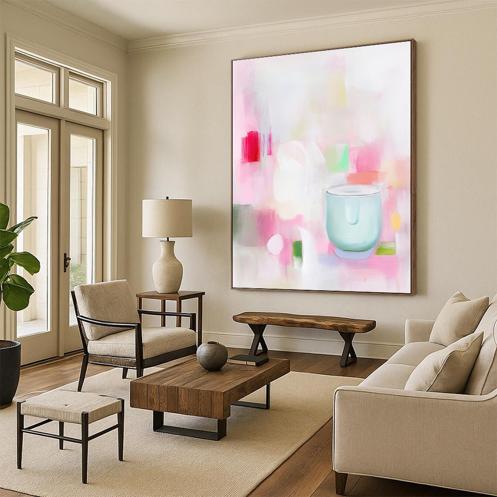 A soft abstract painting in pink and white shapes with green and red hints featuring a minimalist light blue glass blender conveying calmness and simplicity.STSC1200