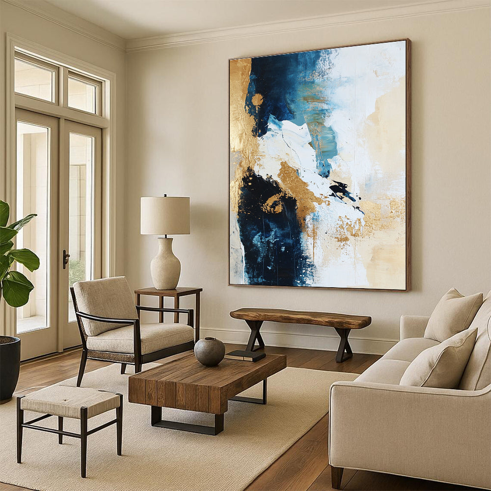 Blue Gold Abstract Painting with Dynamic Brushstrokes GER723