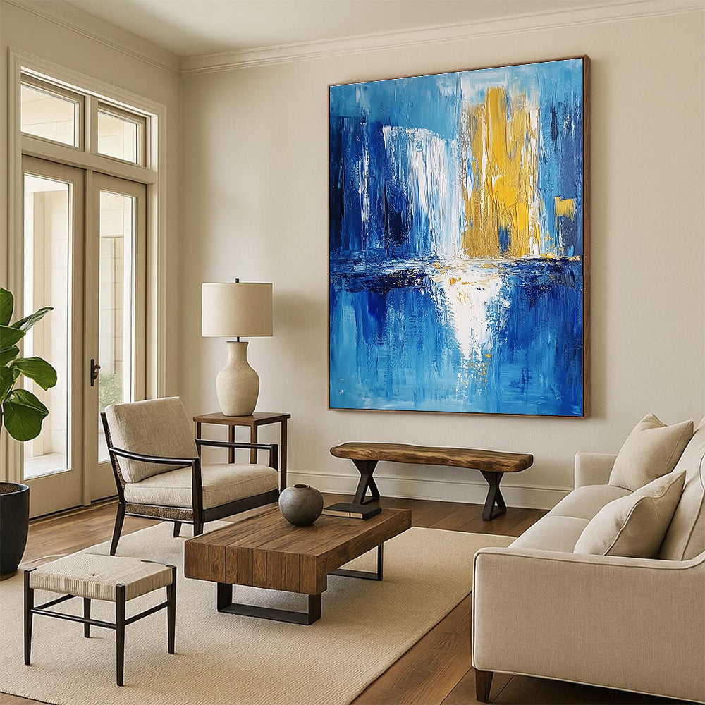 Blue and Gold Abstract Painting with Reflective Motifs GER390
