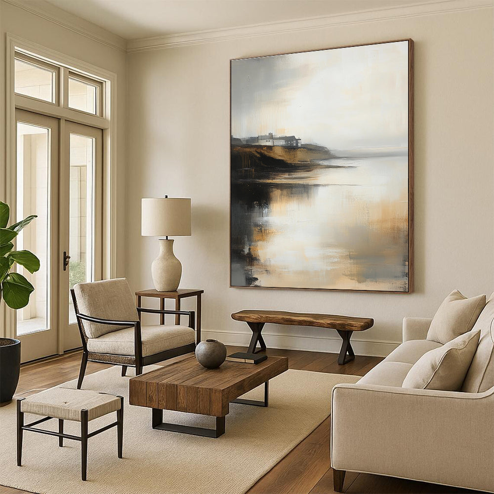 Large abstract oil painting of a misty coastal landscape in neutral tones with subtle gold highlights and low contrast colors.STSC589