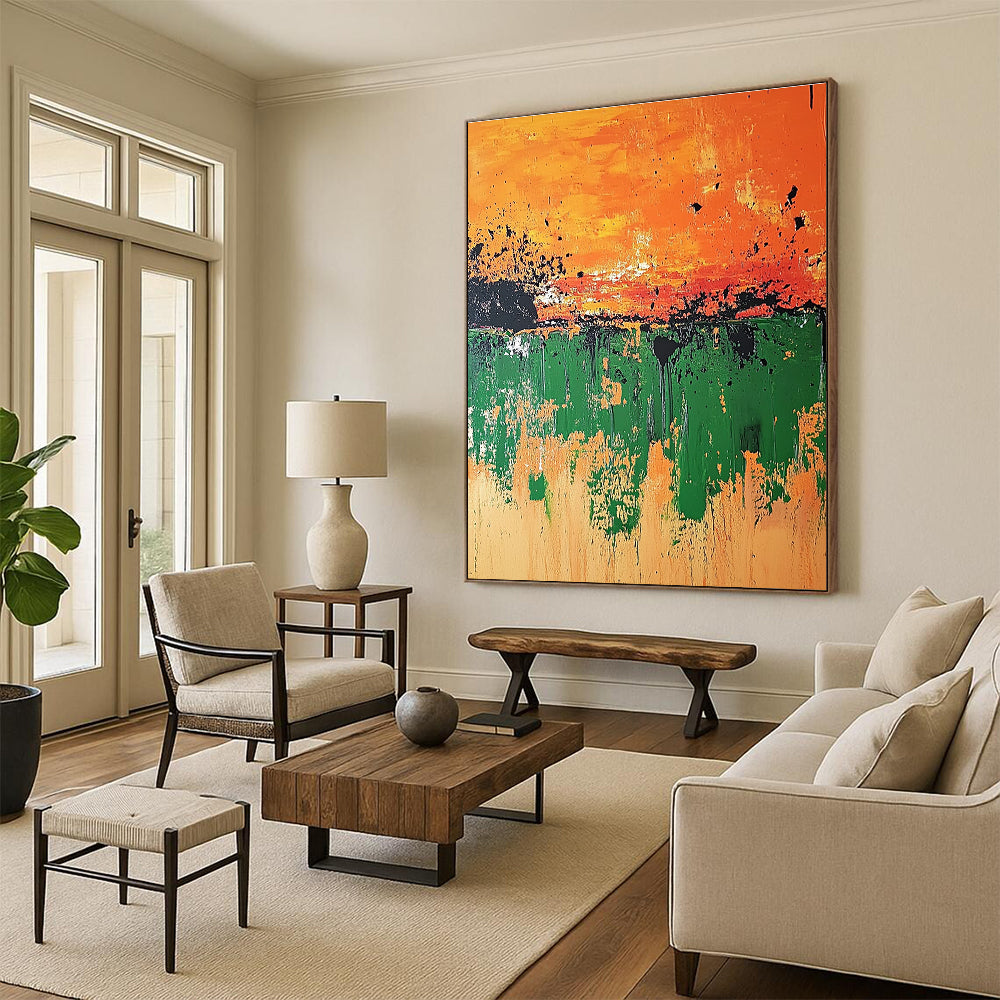 Orange Green Drip Abstract Painting with Bold Layers GER493