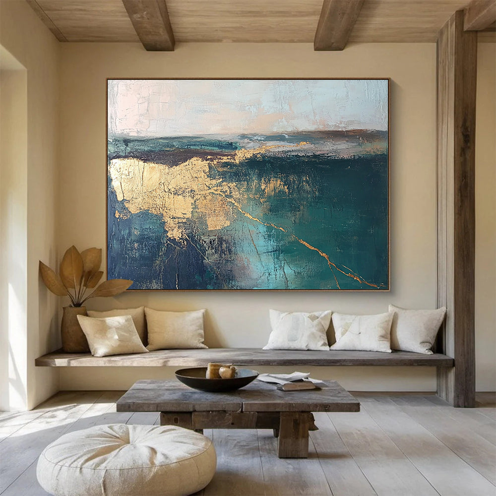 Large abstract painting featuring a green and blue lake landscape with golden cracks in neutral tones, perfect for modern decor.SC113