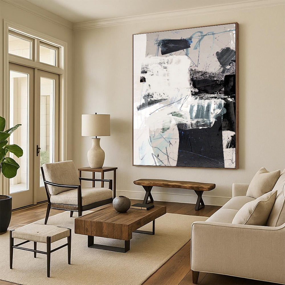 Mixed - media Abstract with Neutral and Blue Tones Painting ADGE194