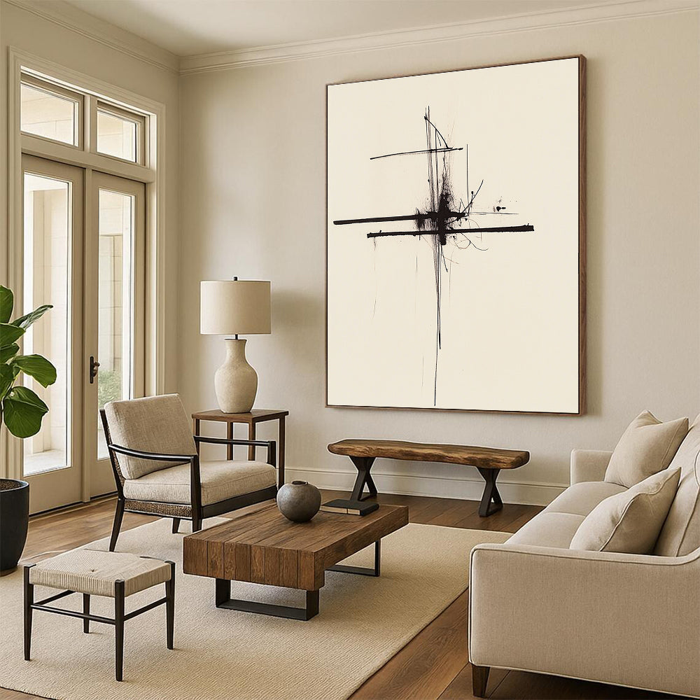 Large abstract painting featuring thin black lines on a white background inspired by Rothko's minimalistic style for a modern artistic touch.STSC1245