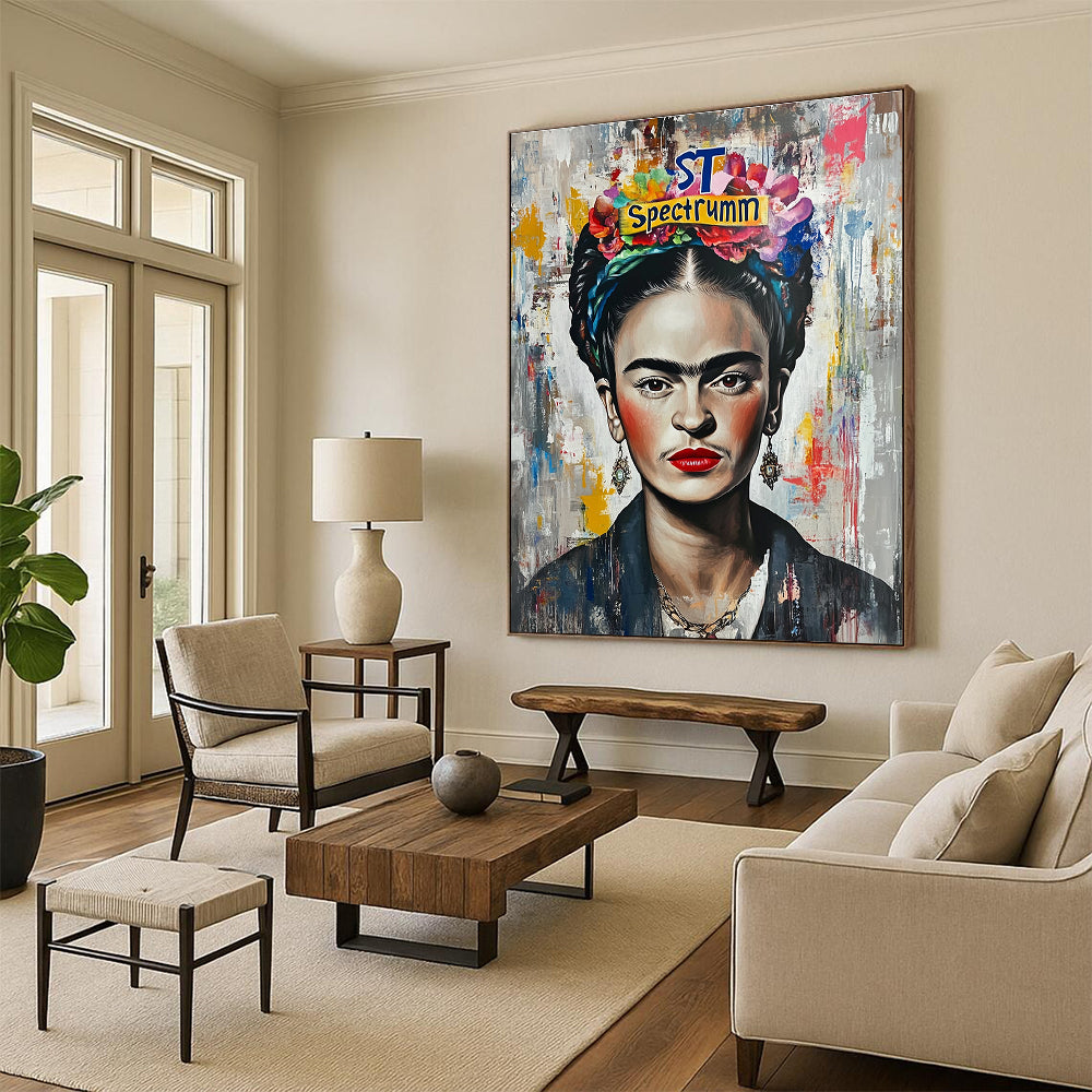 A large abstract painting featuring Frida Kahlo with graffiti-style elements bright colors and intricate details capturing vibrant pop culture inspirations.STSC1128