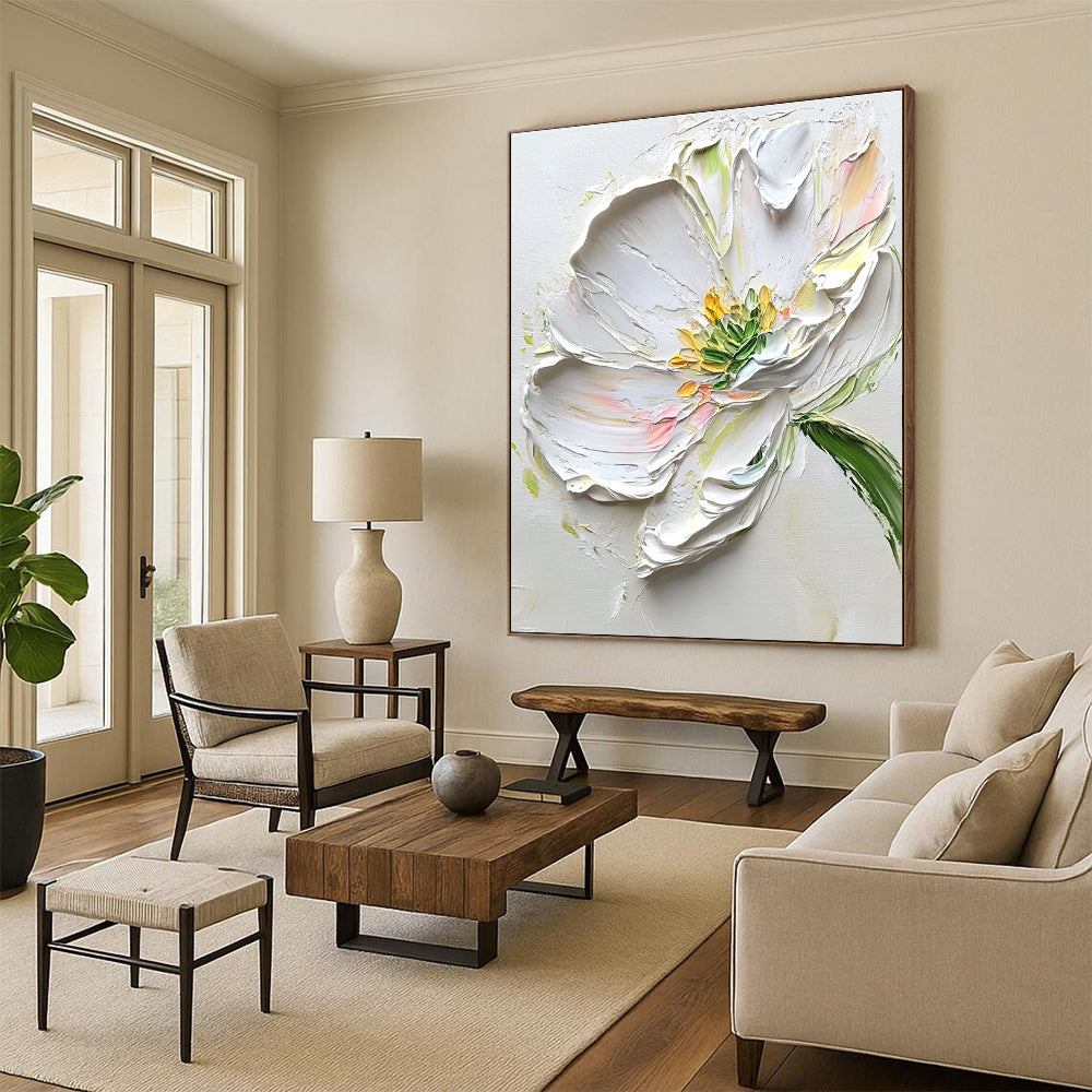 Abstract painting featuring white flowers with green leaves on a light gray background showcasing elegant brush strokes and beautiful accents.STSC1482
