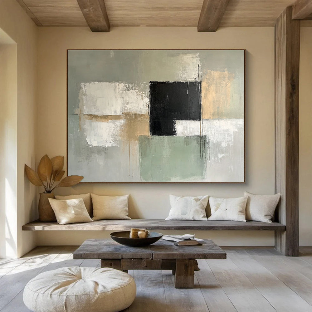 Gray and Green Abstract Painting with Geometric Forms DYP369