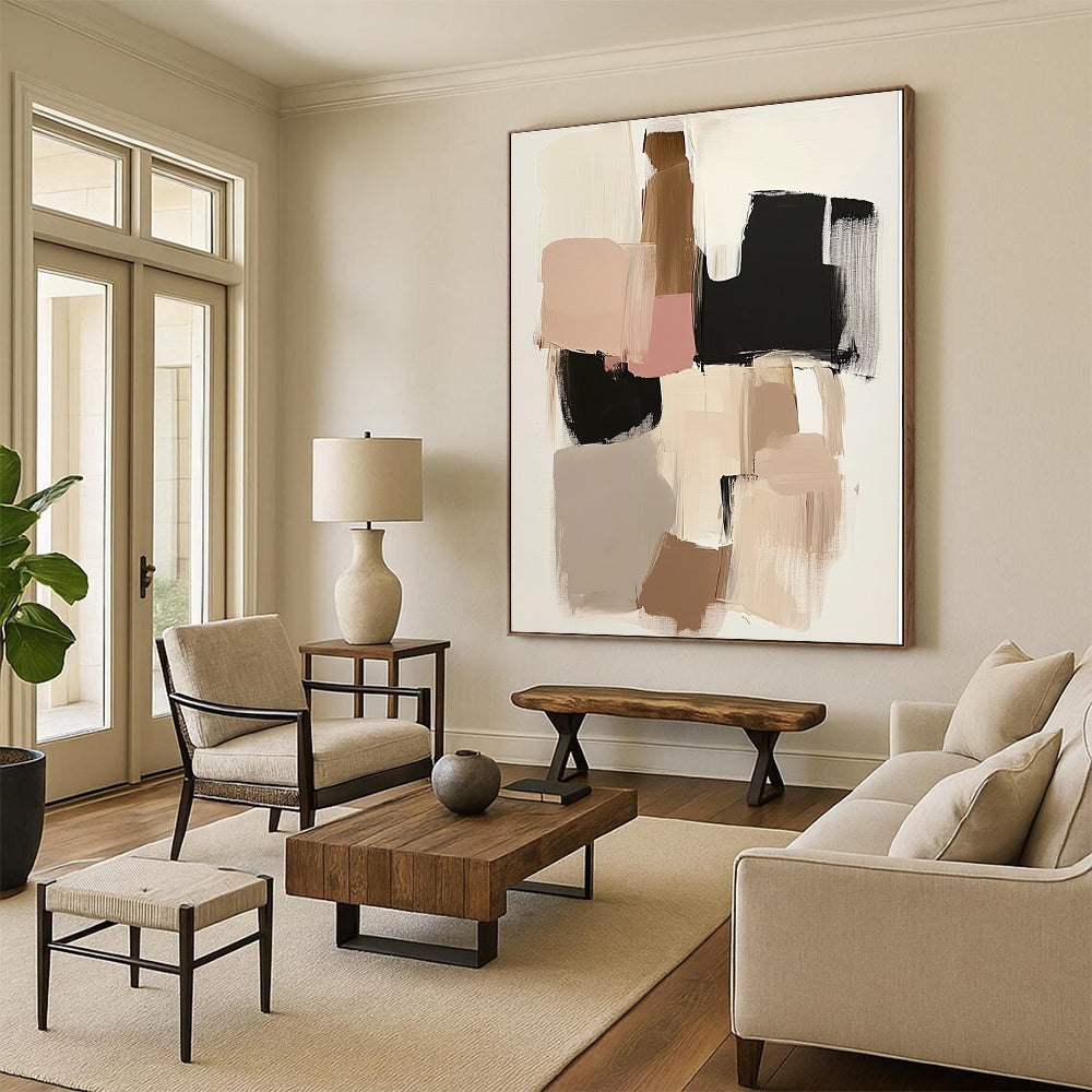 Beige Pink and Black Abstract Painting with Geometric Shapes GER480