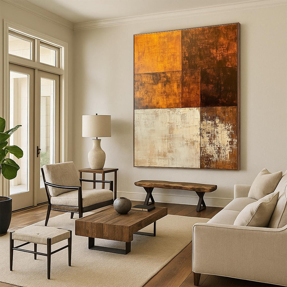 Brown and Beige Geometric Patchwork Abstract Painting GER210