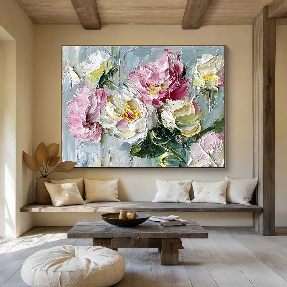 Large abstract painting featuring peonies and roses in vibrant shades on a textured grey background with impasto brushstrokes.SC125