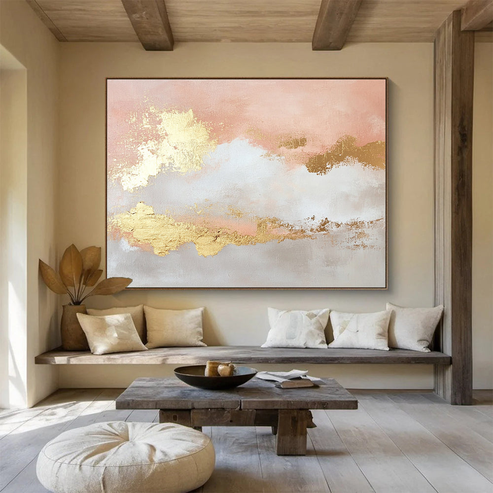 Pink and Gold Abstract Painting with Cloud - like Forms DYP395