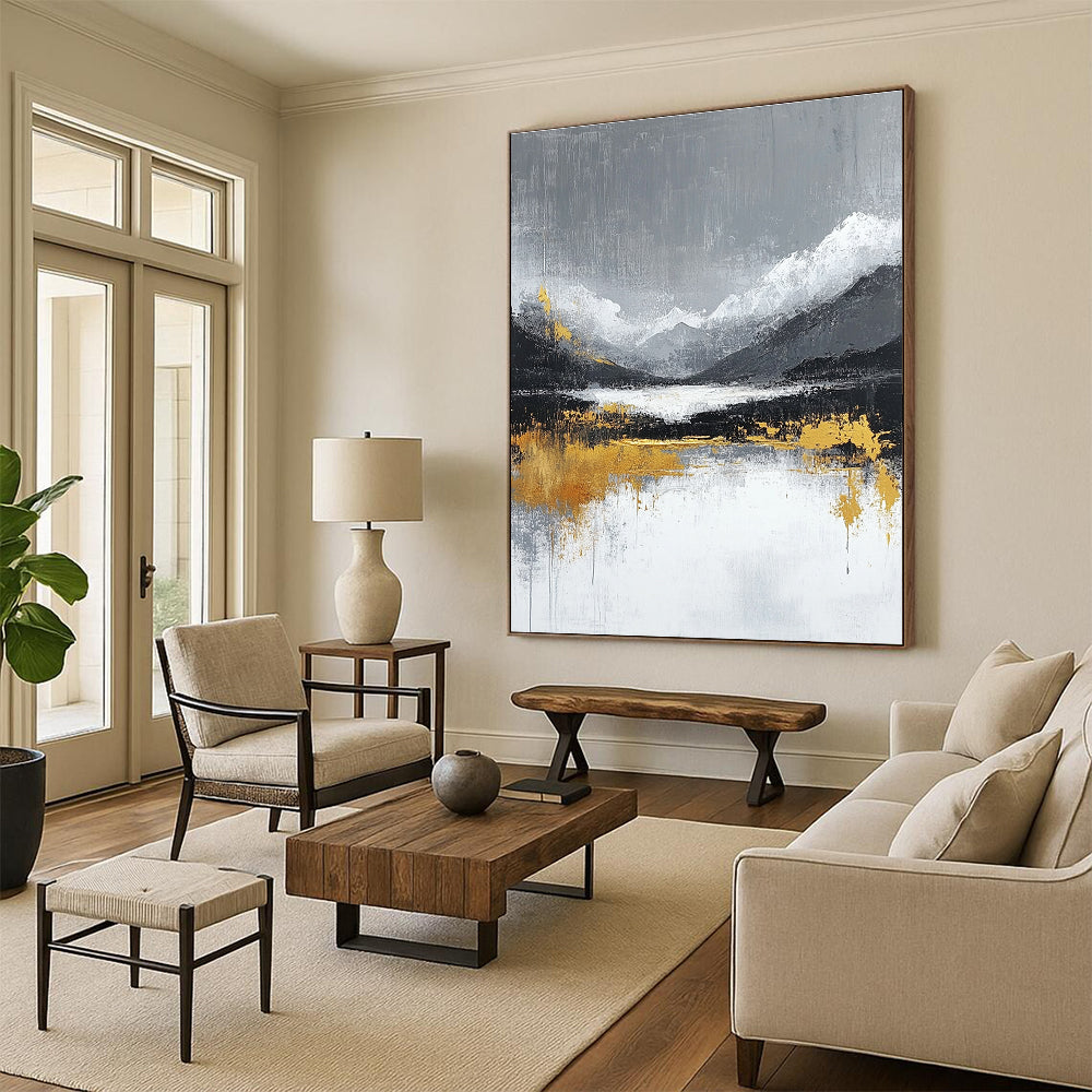 Large abstract painting featuring gray and white background with gold lines evoking tranquility and luxury in a minimalist Chinese landscape style.STSC224