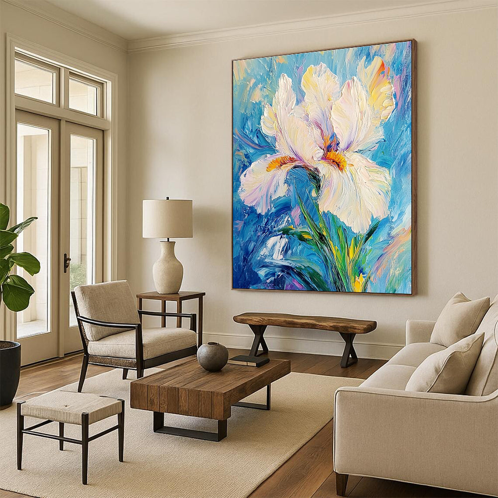 Abstract painting featuring a white iris flower on a blue background with delicate petals vibrant hues and a tranquil elegant composition.STSC1384