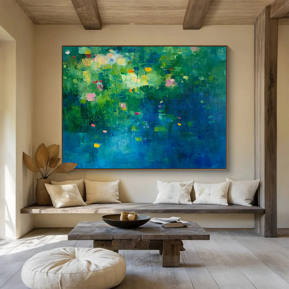 Colorful Floral Abstract Painting with Green and Blue Background DYP503