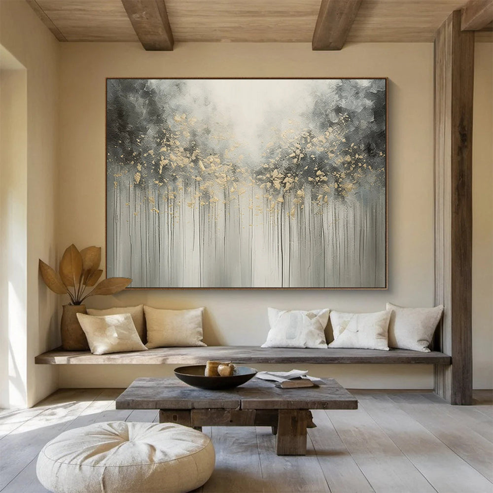 Gray Gold Drip Abstract Painting with Ethereal Tree - Like Forms THY320