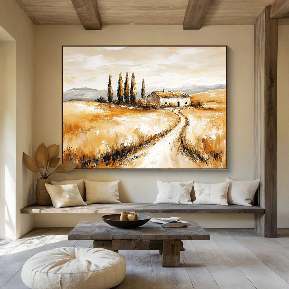 Hand-painted abstract artwork of a rustic farmhouse amidst golden fields and cypress trees evoking nostalgia and tranquility in nature's beauty.SC543