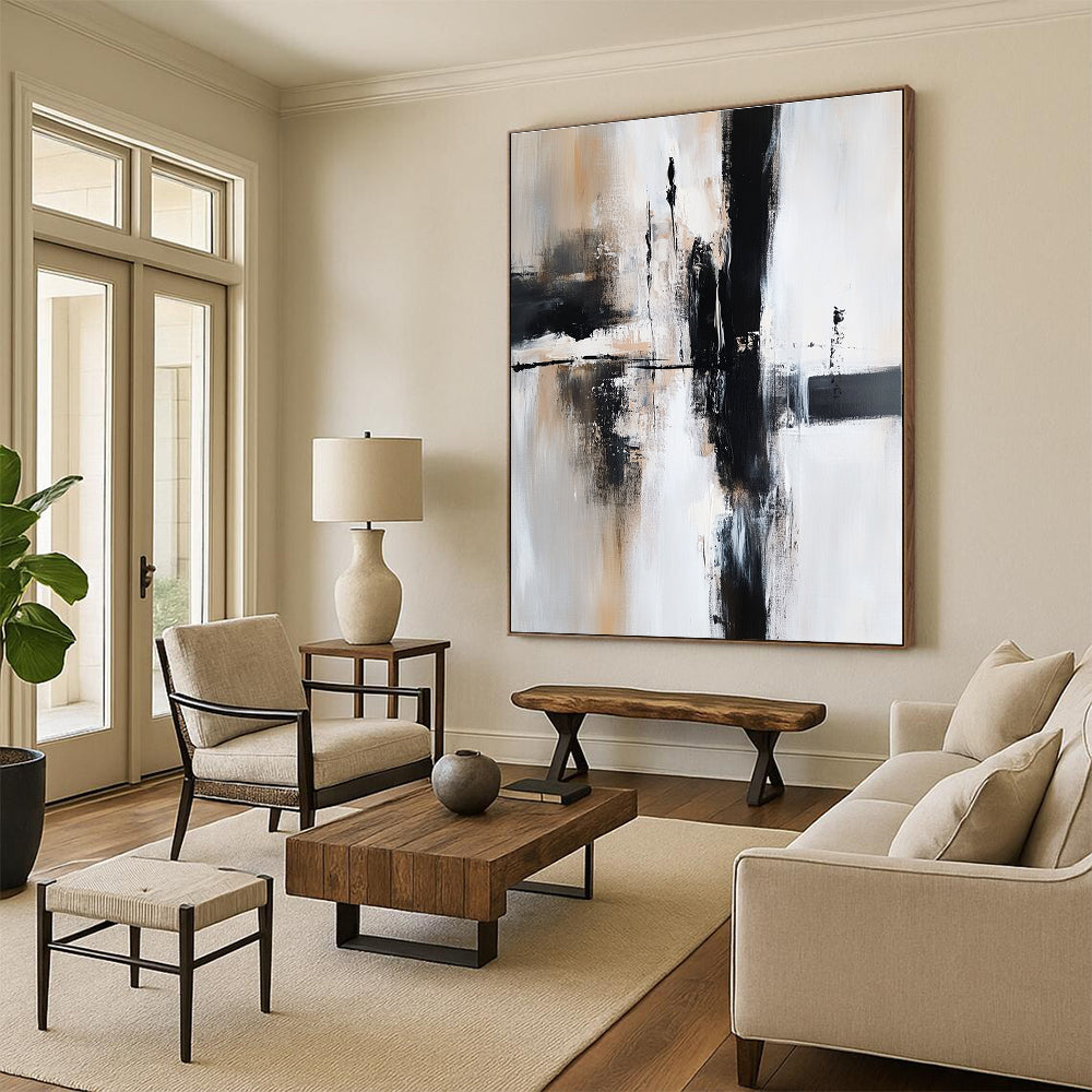 Black Beige and Gray Abstract Painting with Fluid Movements GER509