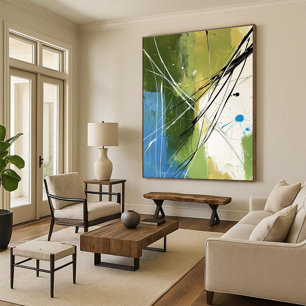 Large abstract painting featuring organic lines and shapes in green blue and white with black elements creating depth and movement for modern decor.STSC320