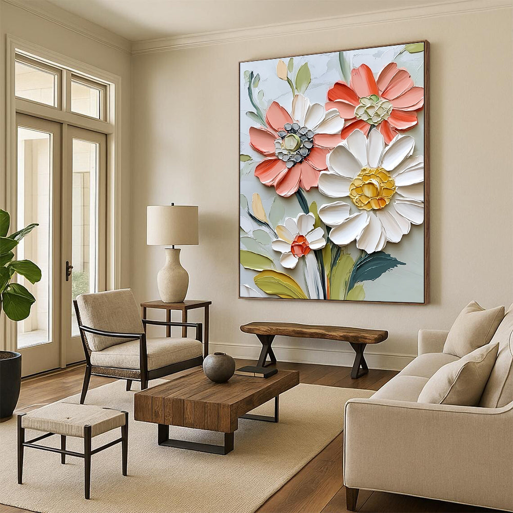 Large abstract painting of textured flowers in vibrant colors featuring a close-up of a delicate daisy-like bloom in a vintage modern style.STSC1126