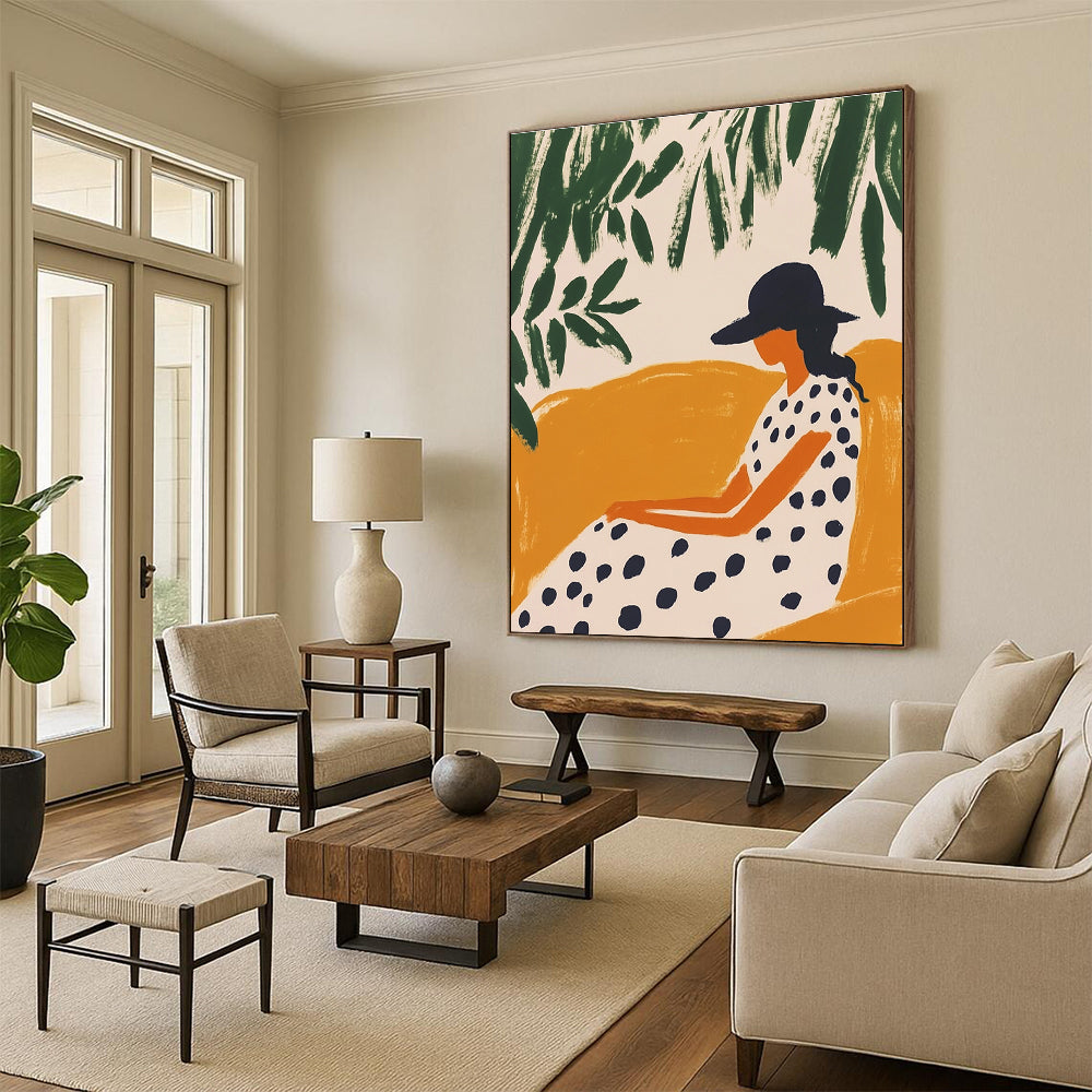 Large abstract artwork featuring a woman on a chaise lounge with minimalistic shapes and greenery on a white background in Matisse style.STSC1263