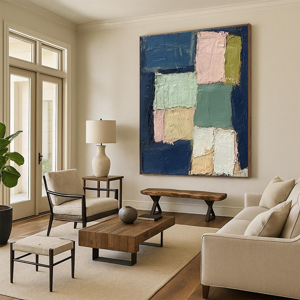 Blue Pink Green Beige Patchwork Abstract Painting ADGE013