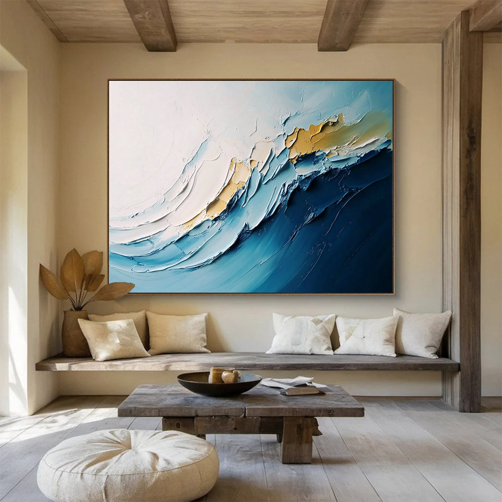 Large abstract waves painting with thick impasto layers in white and blue hues, perfect for modern decor.SC368