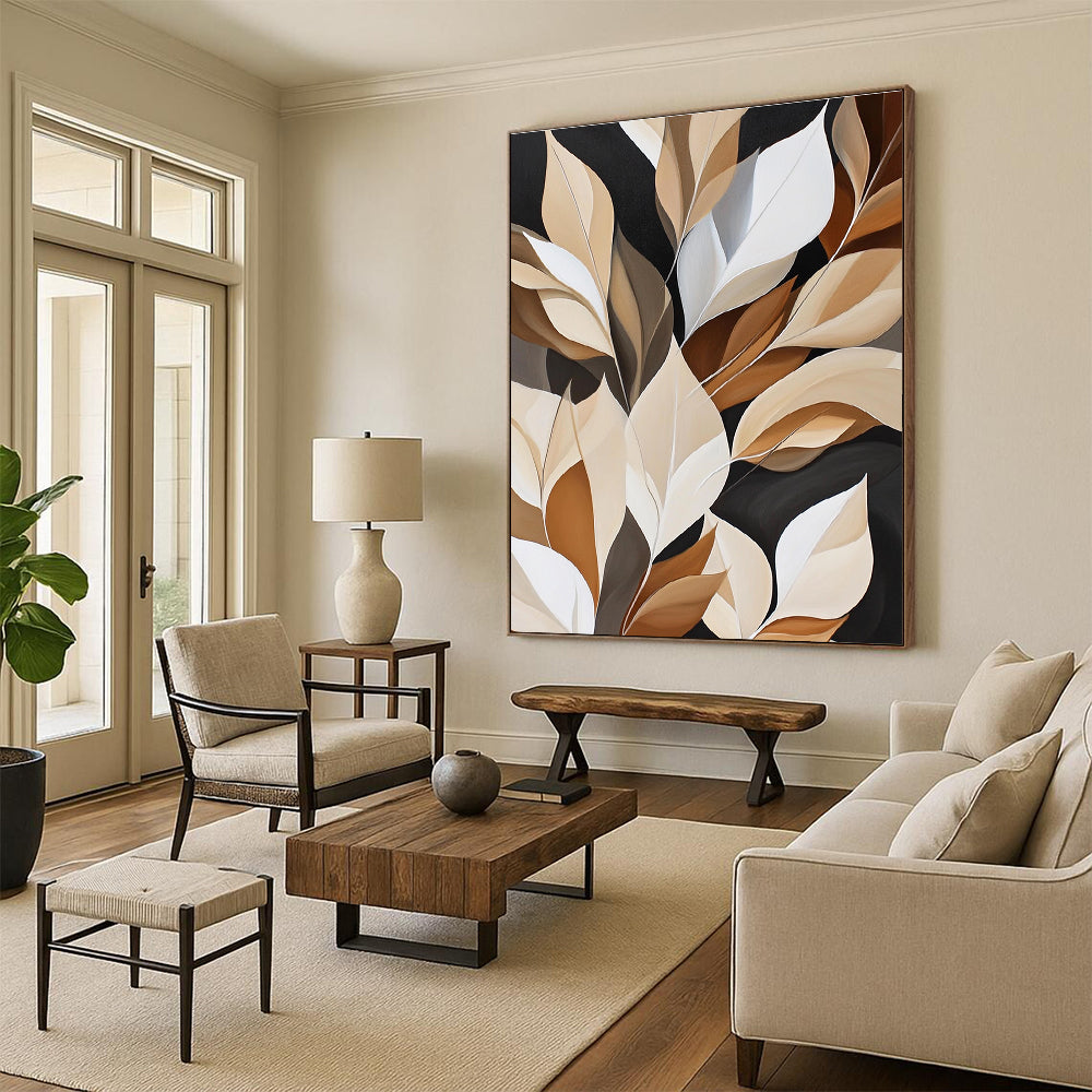 Abstract painting featuring white leaves on a rich brown and black background with geometric shapes for luxurious wall hanging.STSC367