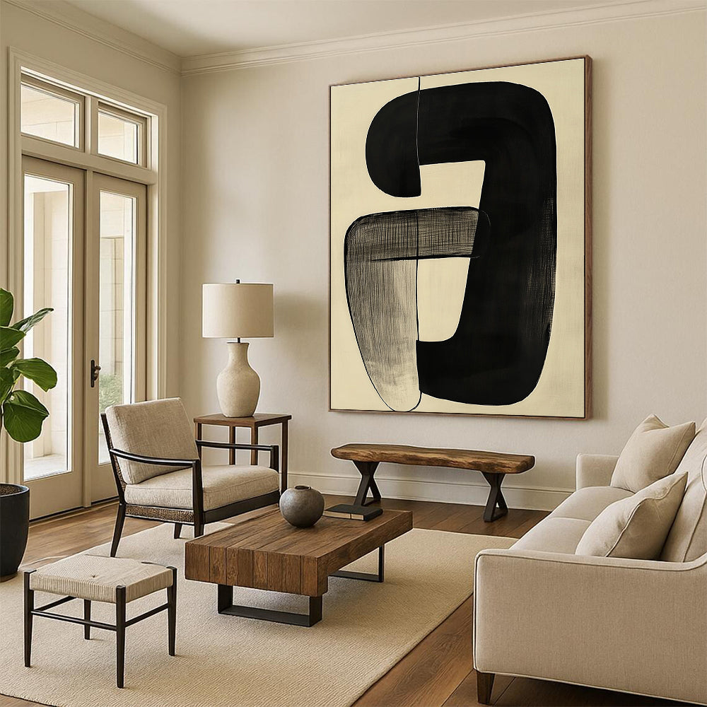 Black and Gray Curved Forms Abstract Painting with Subtle Textures GER012