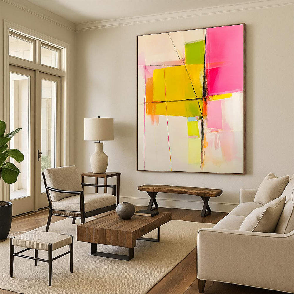 Large abstract painting with pink yellow and green color blocks and lines on a white background featuring warm tones and minimalist brushstrokes.STSC443
