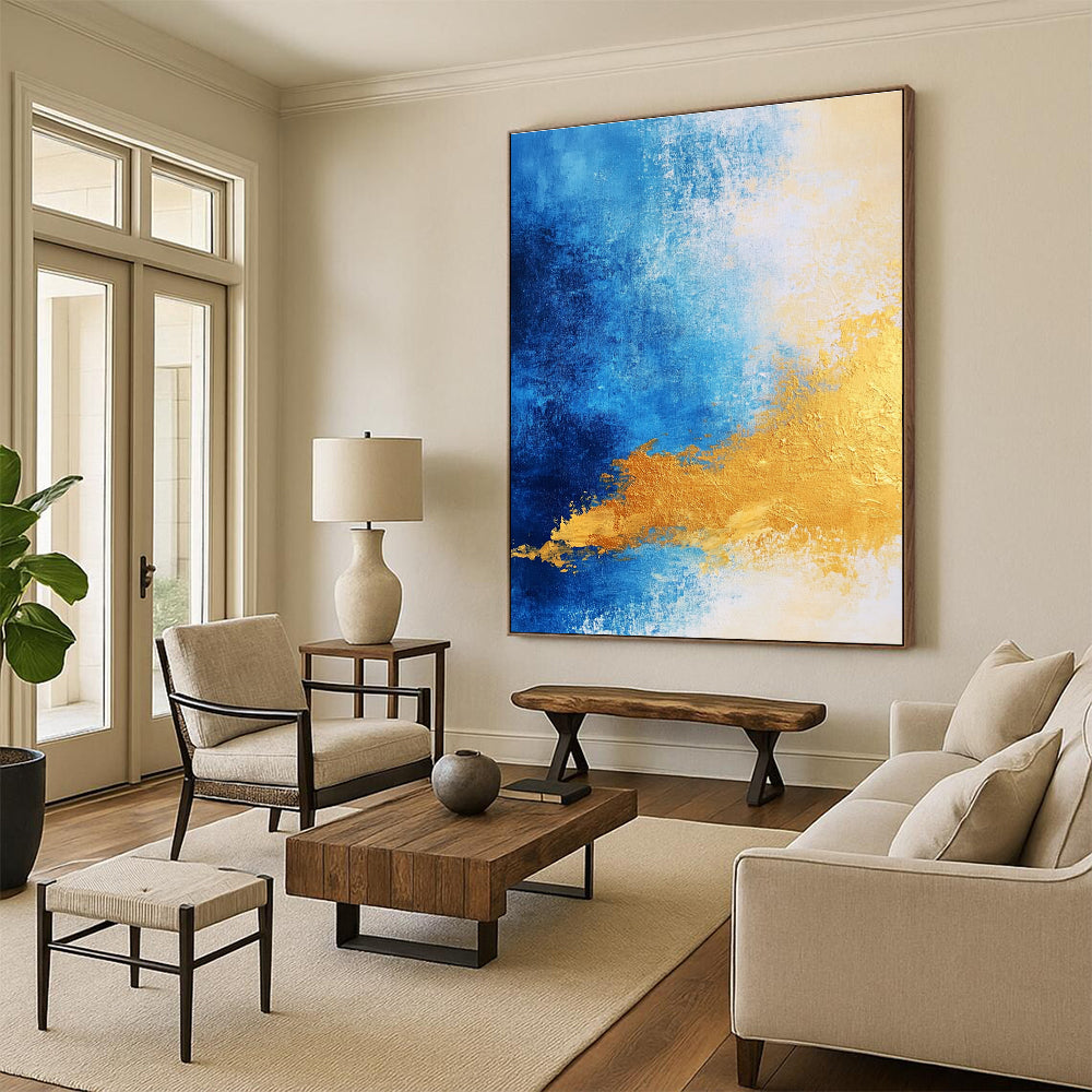 Gradient Blue and Gold Abstract Painting with Subtle Transitions GER376