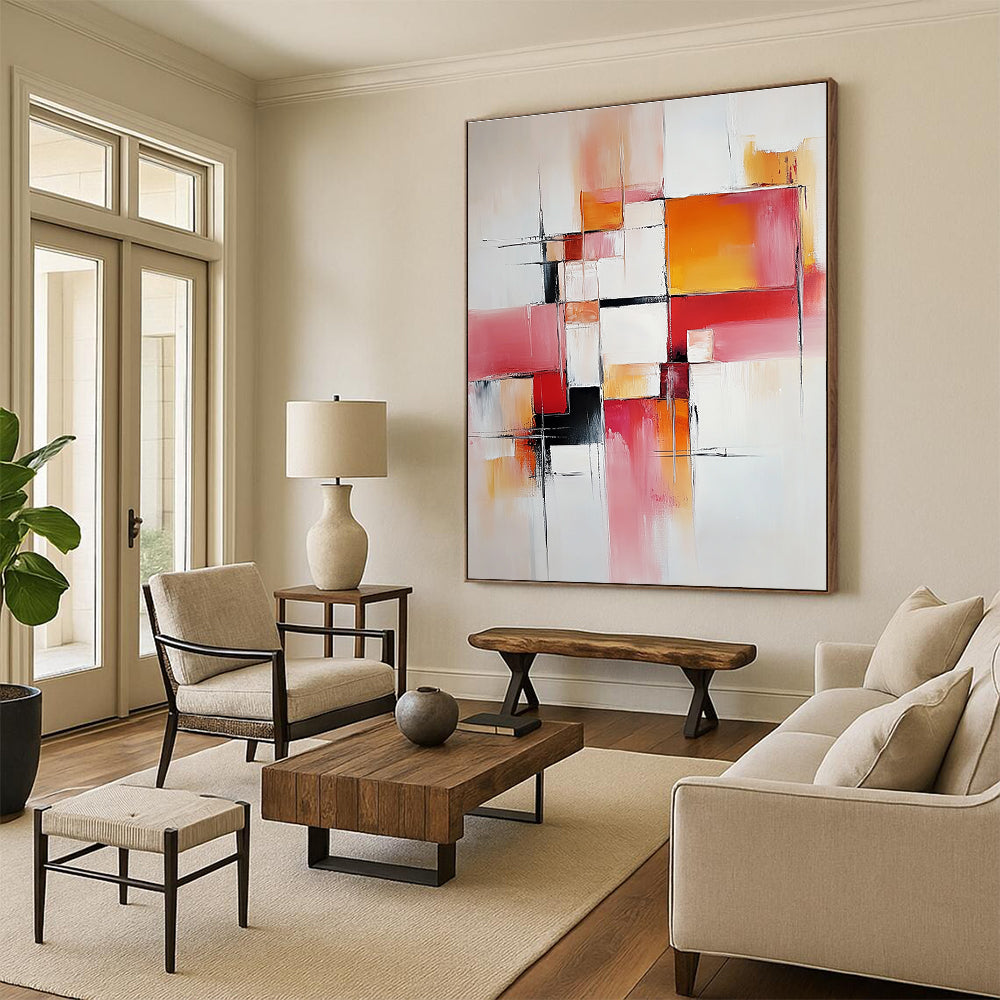 Pink Orange and White Abstract Painting with Geometric Shapes GER681