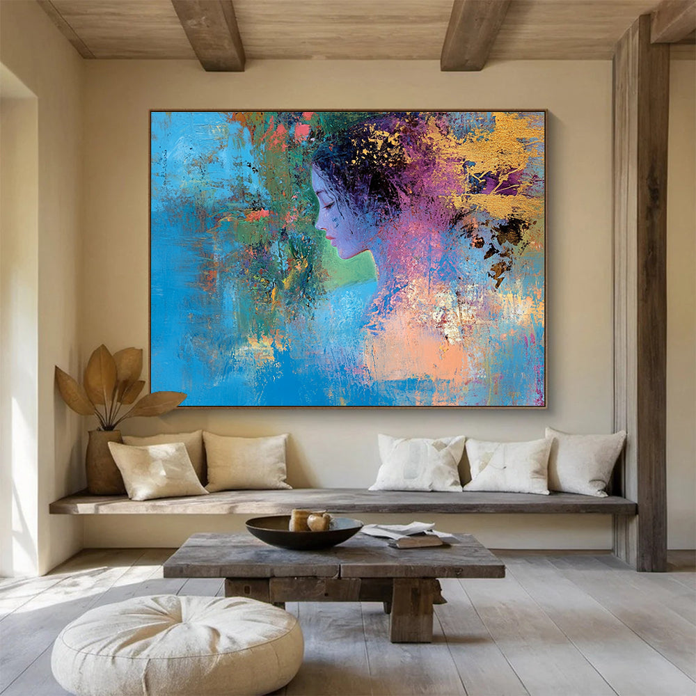 Large abstract painting depicting a female figure intertwining with nature's vibrant colors symbolizing growth through self-improvementSC429