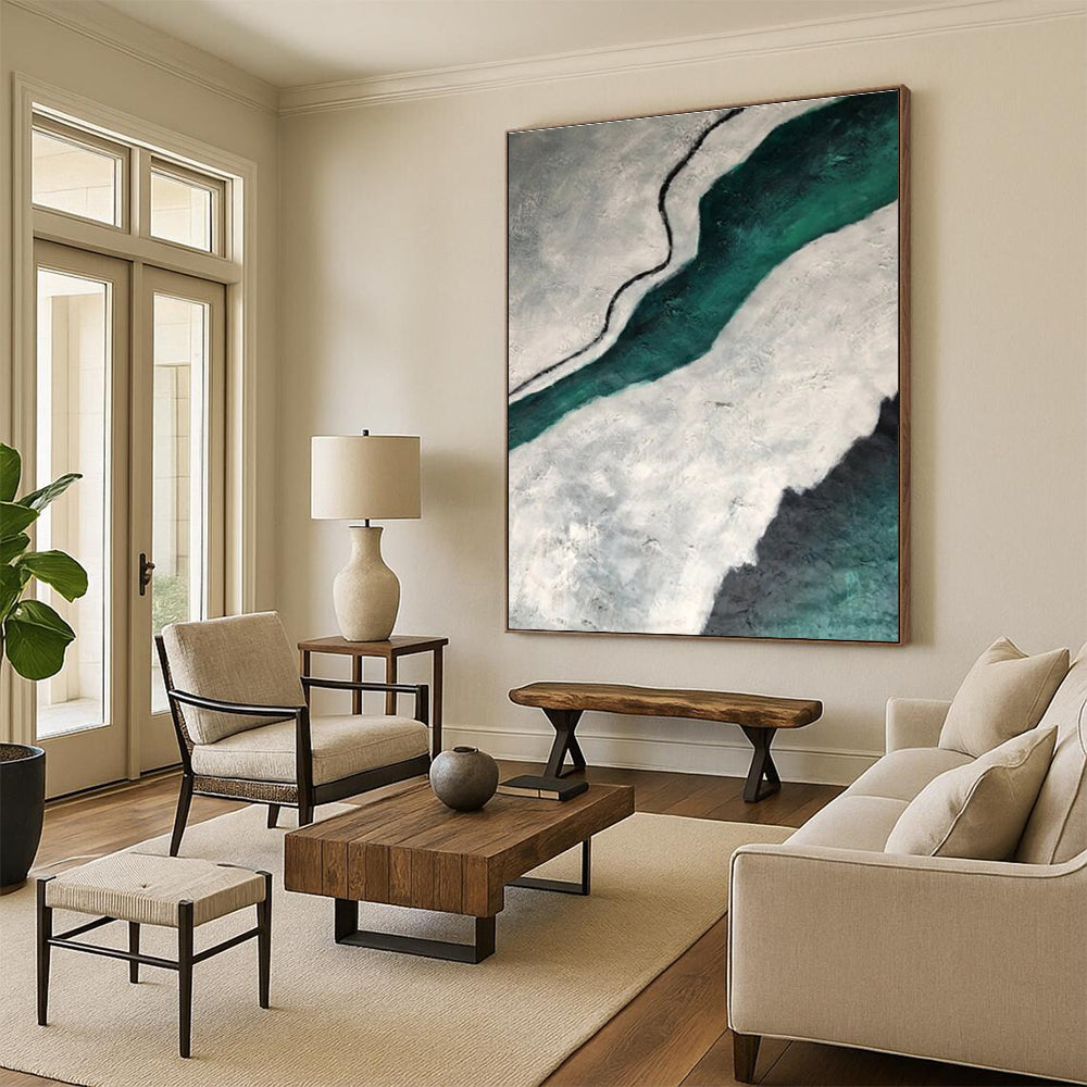 Teal and Gray Textured Abstract Painting with Flowing Forms ADGE403