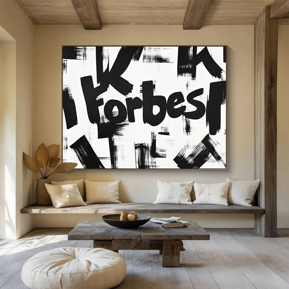 A large abstract artwork featuring the bold yet graceful lettering of K Forbes, showcasing soft curves and dynamic brush strokes in black ink on white paper.SC469