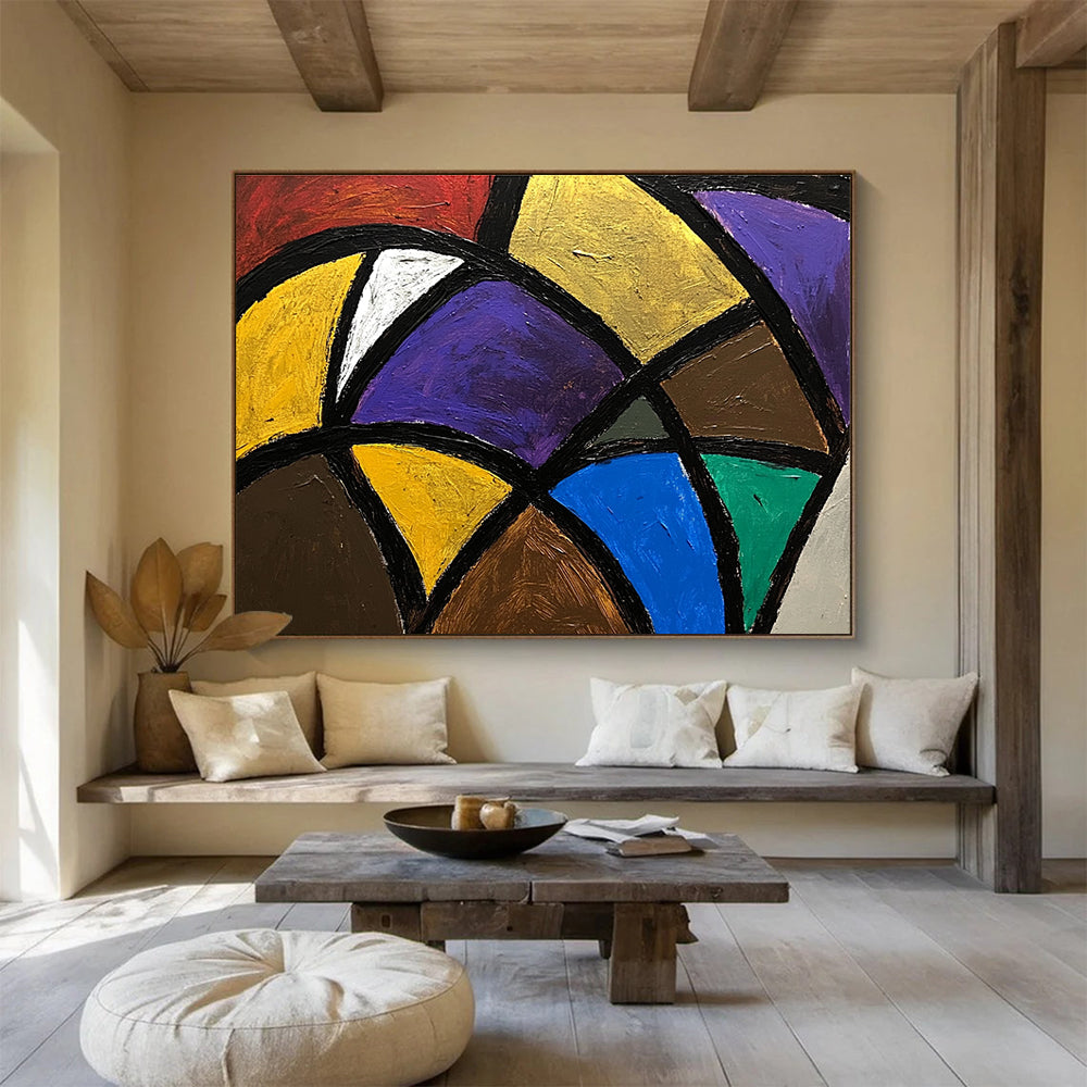 A large abstract painting featuring bold colorful lines and shapes with dark gray and beige tones, creating a sense of depth and complexity.SC440