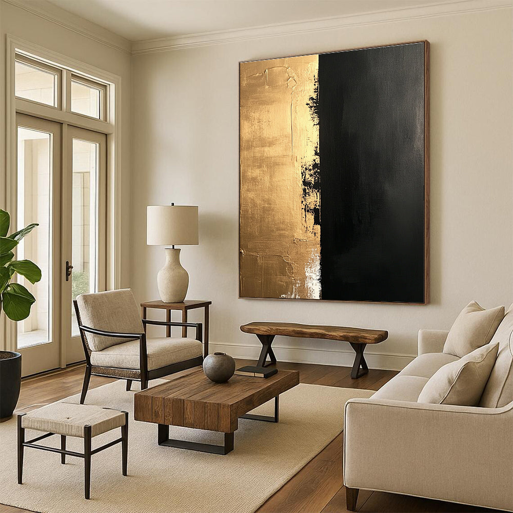 Gold and Black Textured Divide Abstract Painting with Contrasting Hues GER019