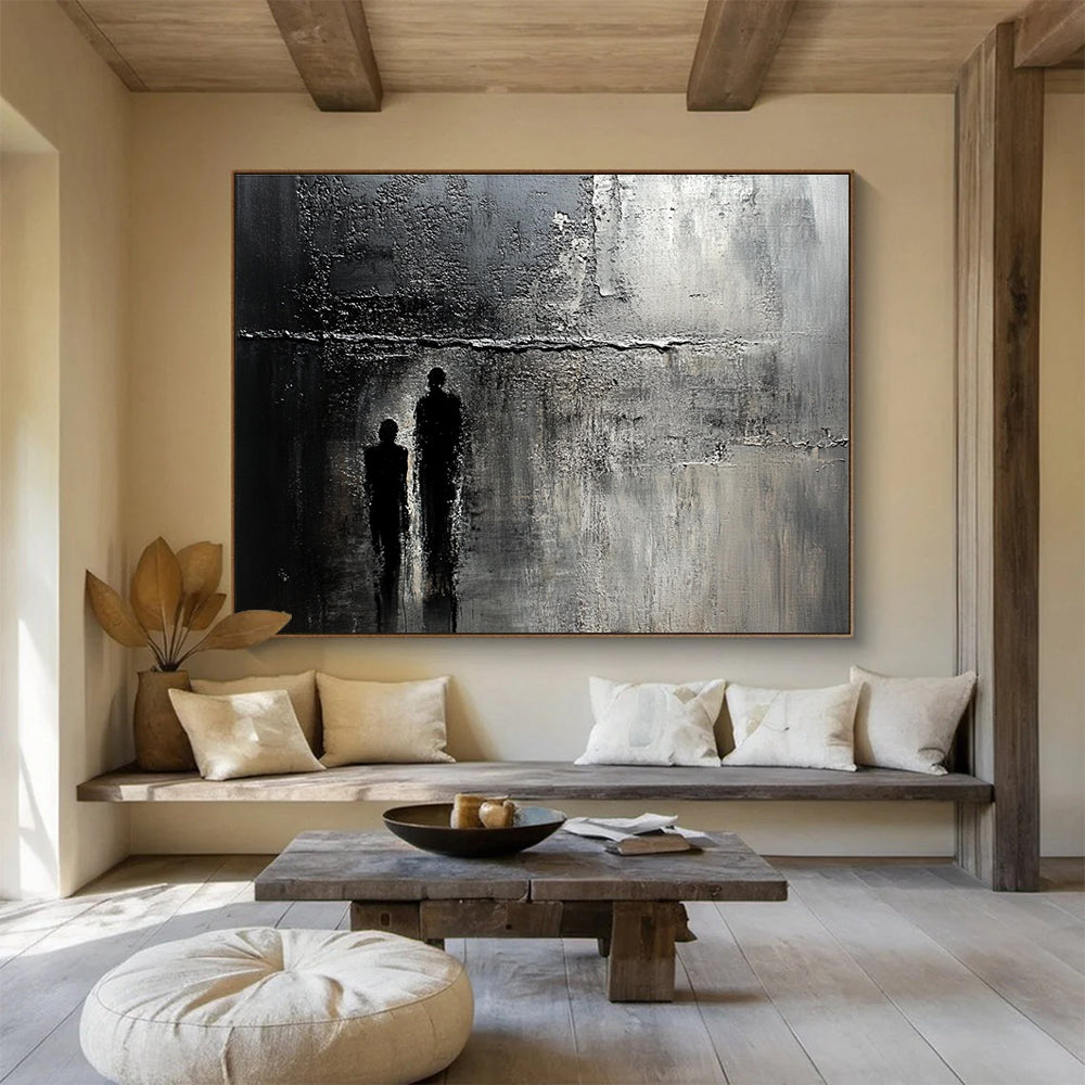Abstract painting of an old textured wall with cracks and stains, featuring a faint silhouette, evoking mystery and deep emotion.SC446