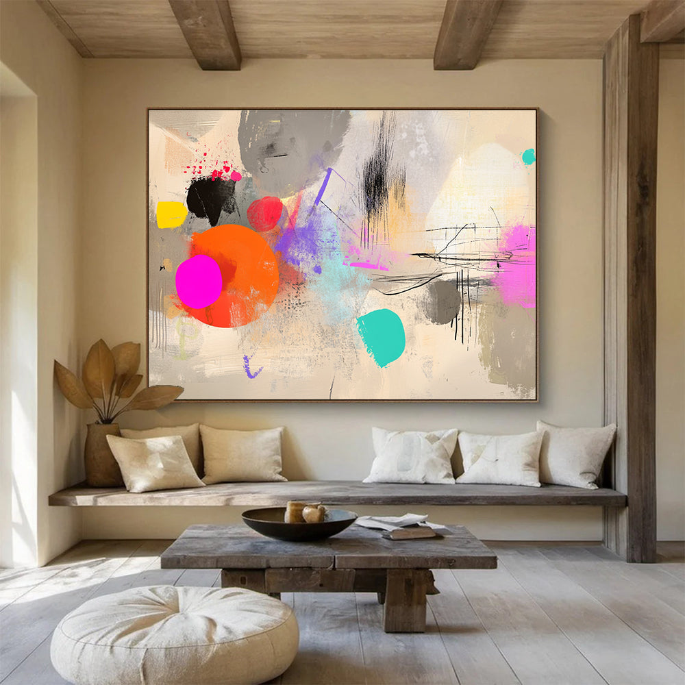 Large abstract artwork featuring digital collage with neutral tones, dynamic shapes, and vibrant colors, ideal for modern decor.SC042