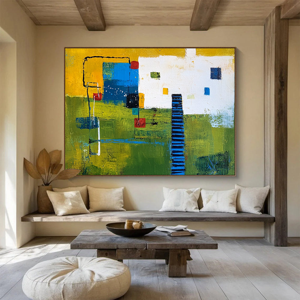 Colorful Village Abstract Painting with Bright and Earthy Hues DYP352
